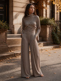 Ribbed Knit High-Neck Wrap Top Wide-Leg Set