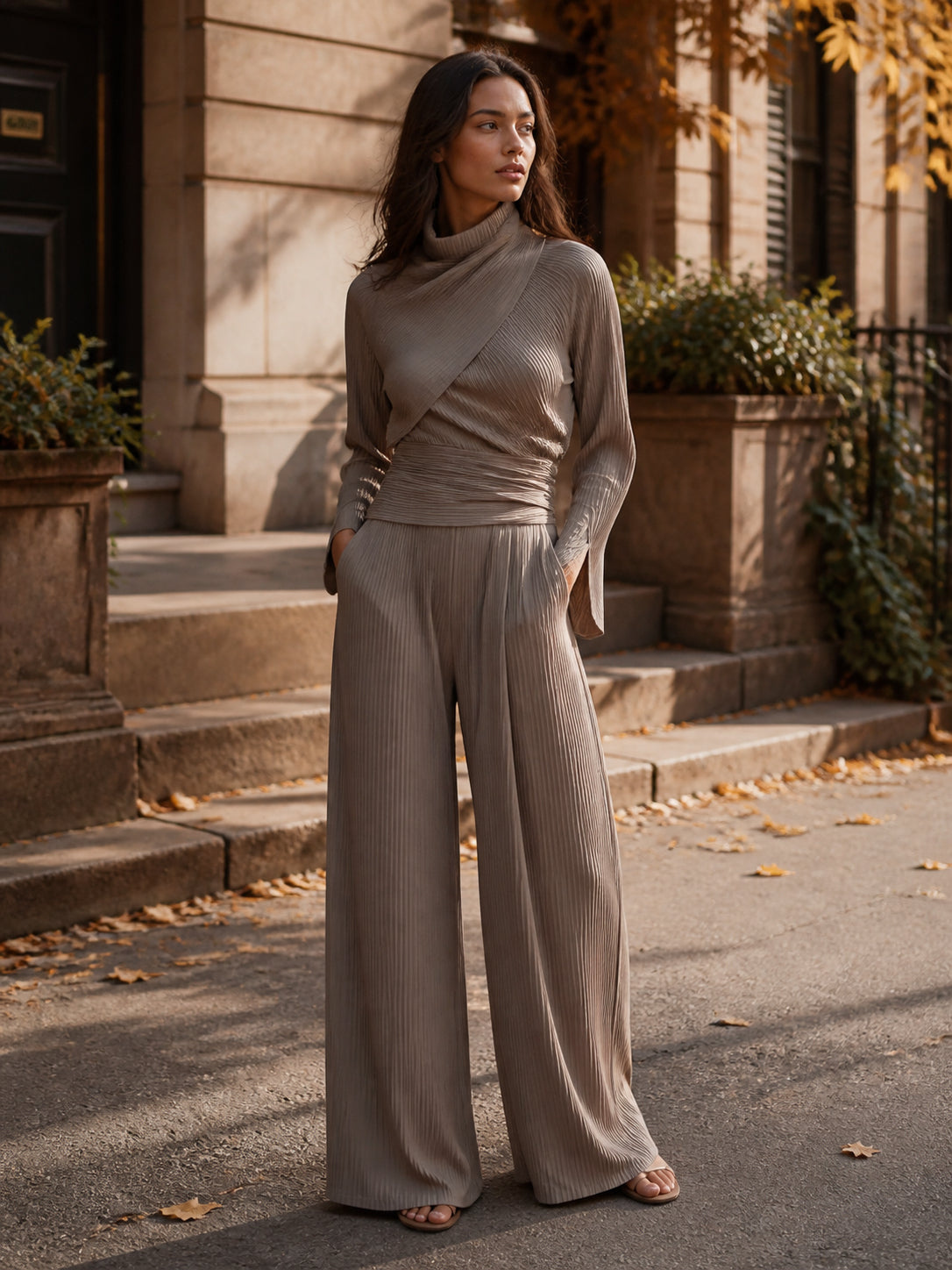 Ribbed Knit High-Neck Wrap Top Wide-Leg Set