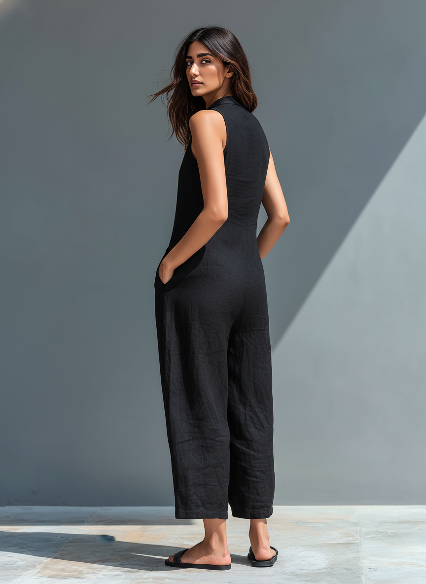 Linen Sleeveless Button Front Jumpsuit