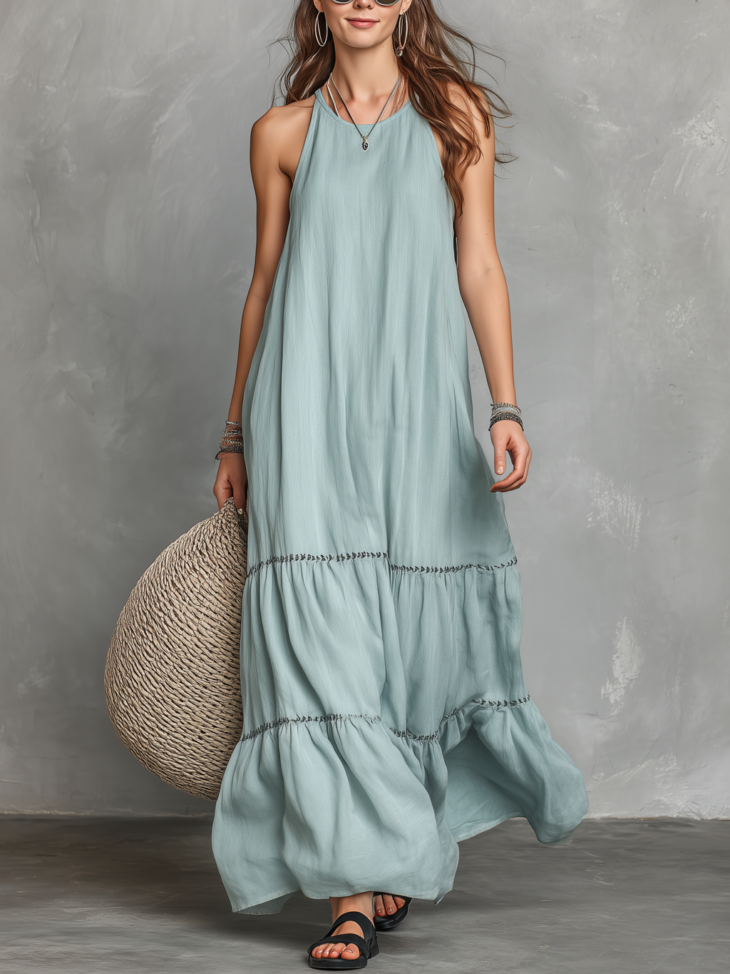 Lightweight Linen Maxi Dress with Tiered Hem and Halter Neckline