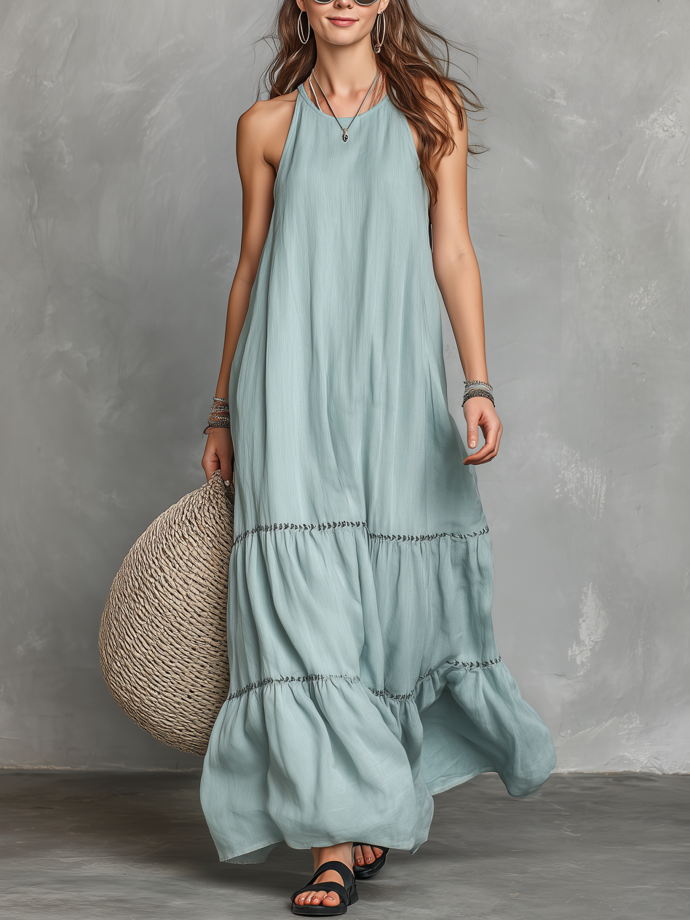 Lightweight Linen Maxi Dress with Tiered Hem and Halter Neckline