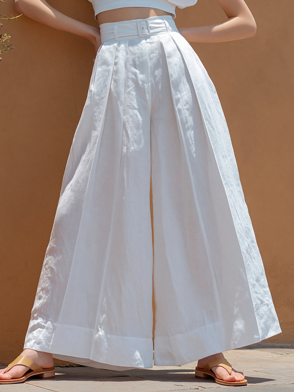 Lineno Cotton Blend High-Waisted Wide Leg Pants for Women Summer Casual Loose Fit Pleated Trousers