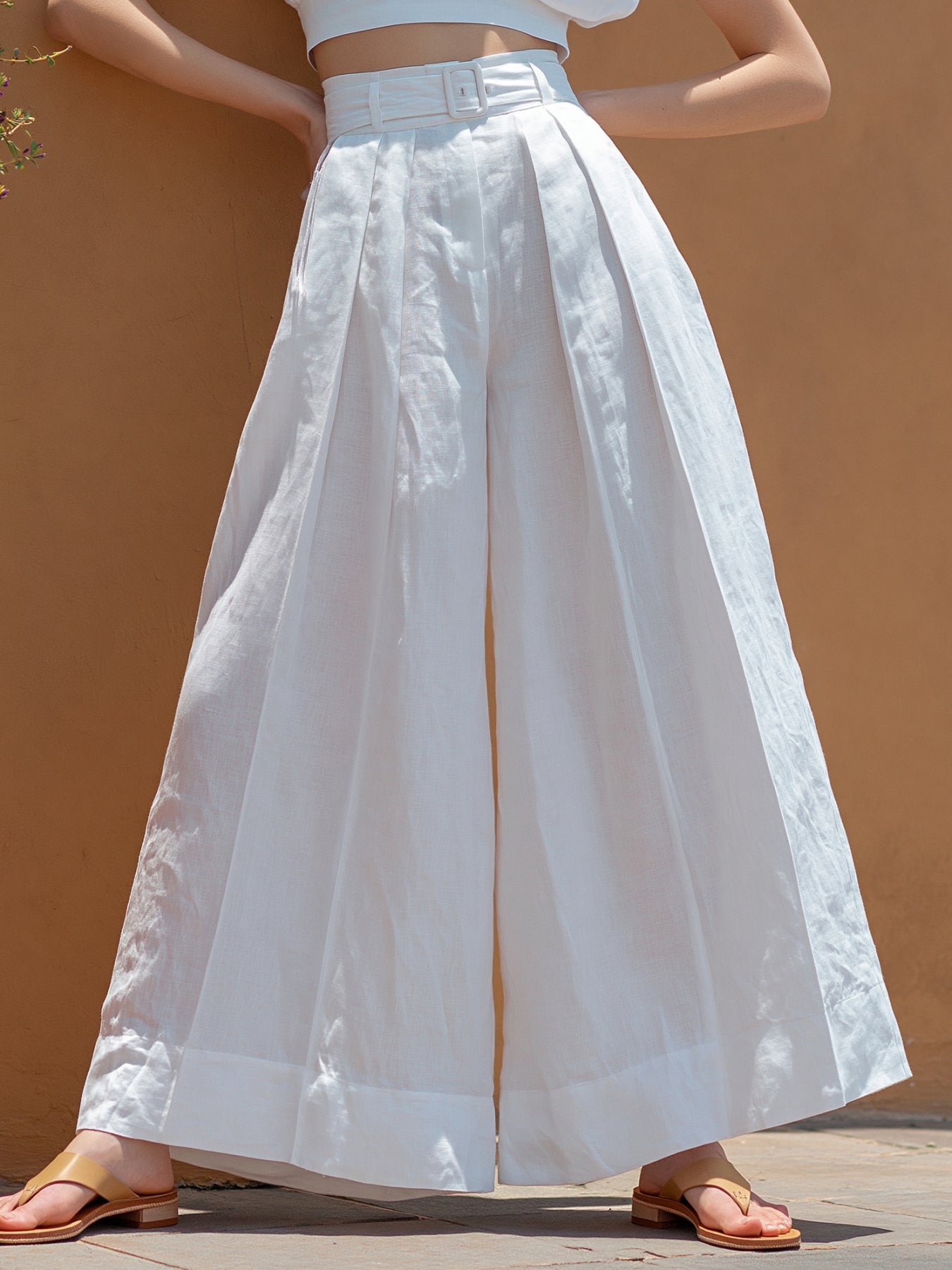 Lineno Cotton Blend High-Waisted Wide Leg Pants for Women Summer Casual Loose Fit Pleated Trousers