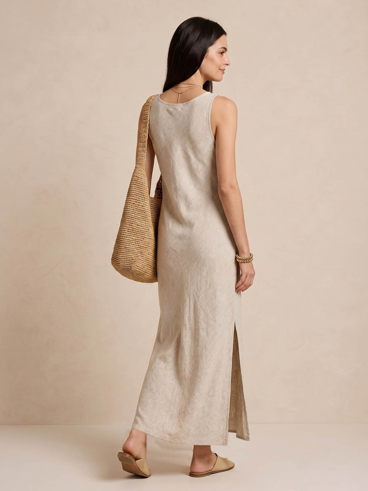 Sleeveless Side Slit Linen Dress