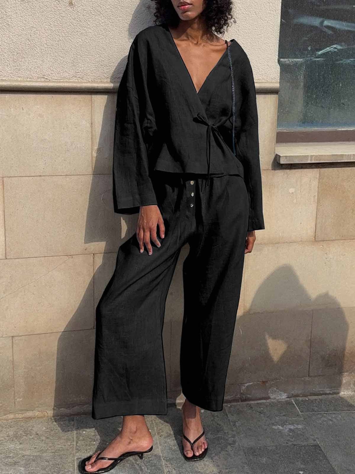 Linen Wrap Top Wide Leg Set