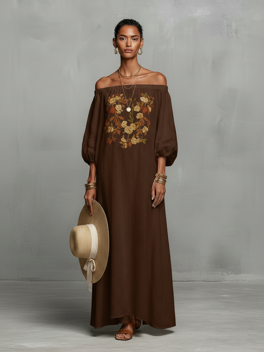 Linen Off-Shoulder Embroidered Maxi Dress with Puff Sleeves