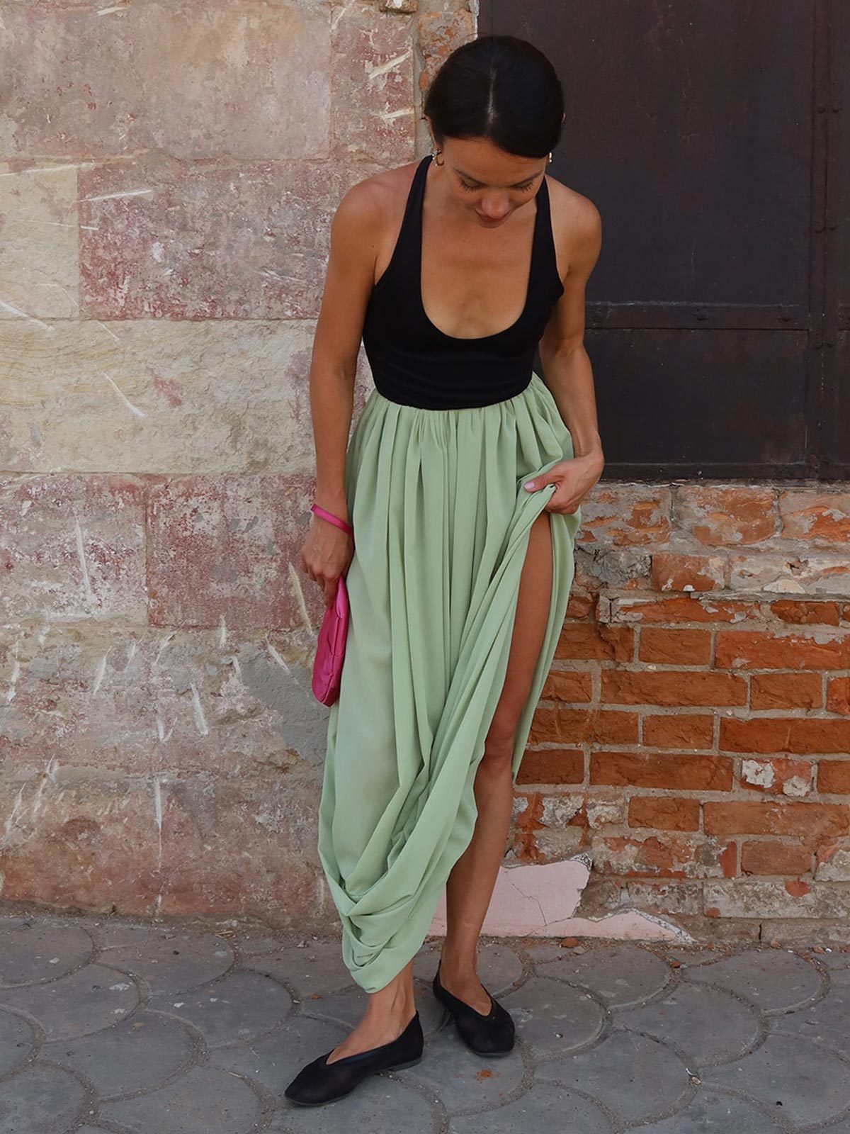 Pleated Side Slit Maxi Dress