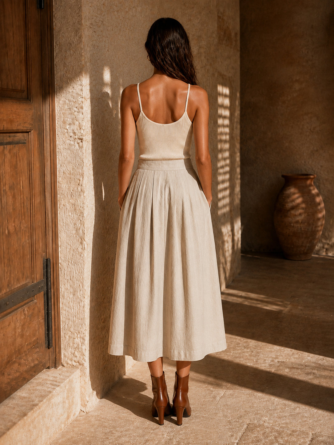 High-Waist Pleated Midi Skirt