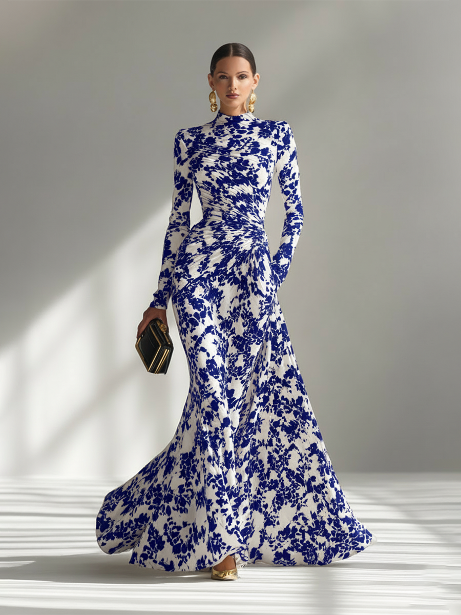 Elegant Black and White Floral Print Long Sleeve Mermaid Gown in Stretch Crepe Fabric for Formal Events