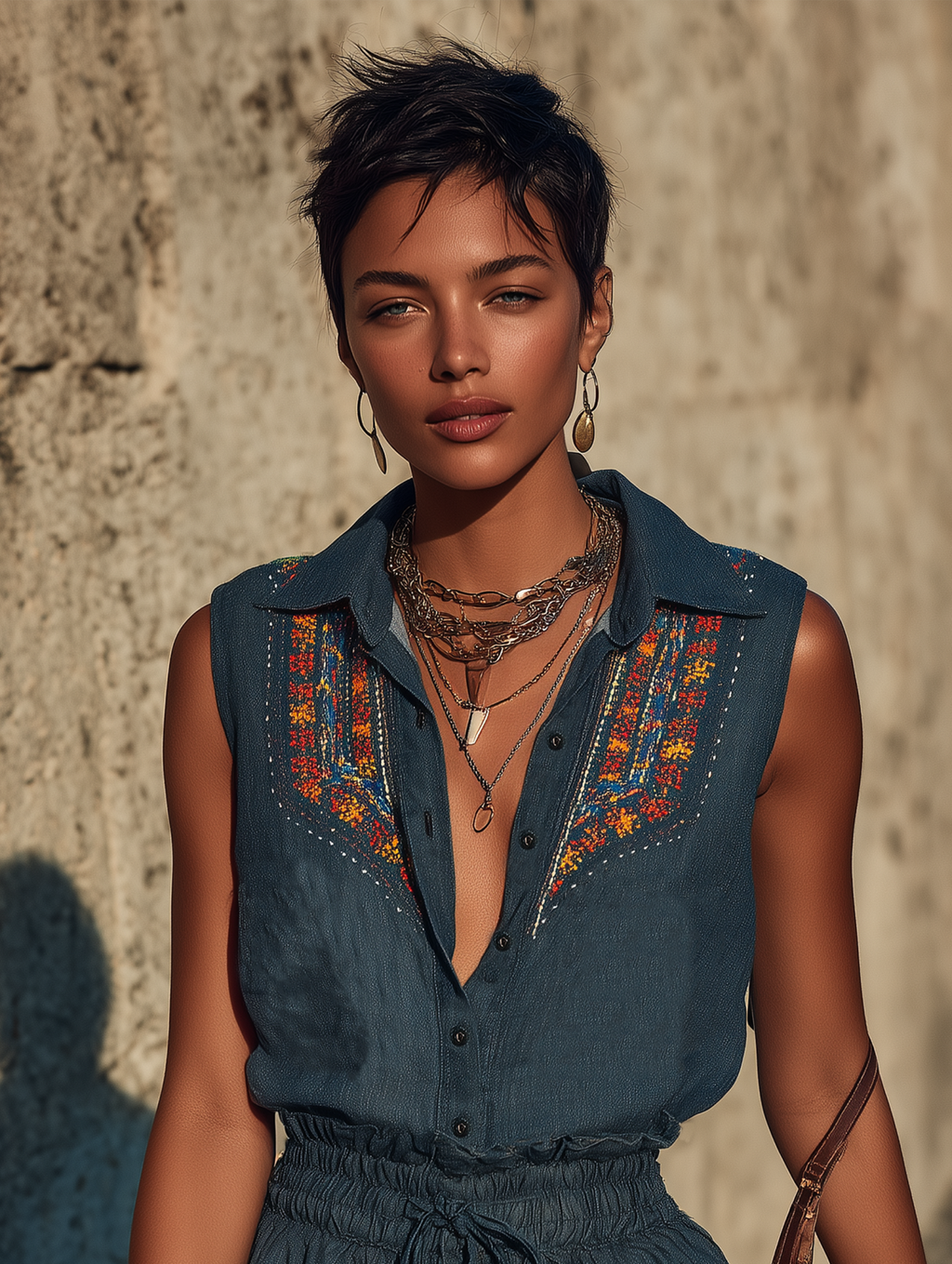 Cotton Denim Embroidered Sleeveless Romper with Drawstring Waist and Boho Style