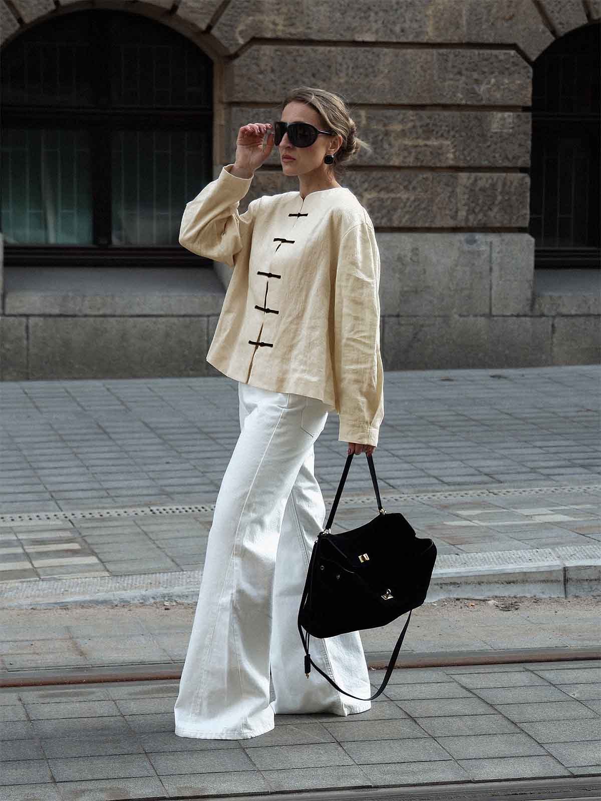 Linen Mandarin Collar Knot Button Jacket
