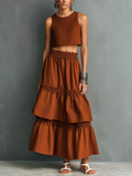 Cotton Linen Two-Piece Set Rust Brown Crop Top and Tiered Midi Skirt Boho Style Women's Outfit
