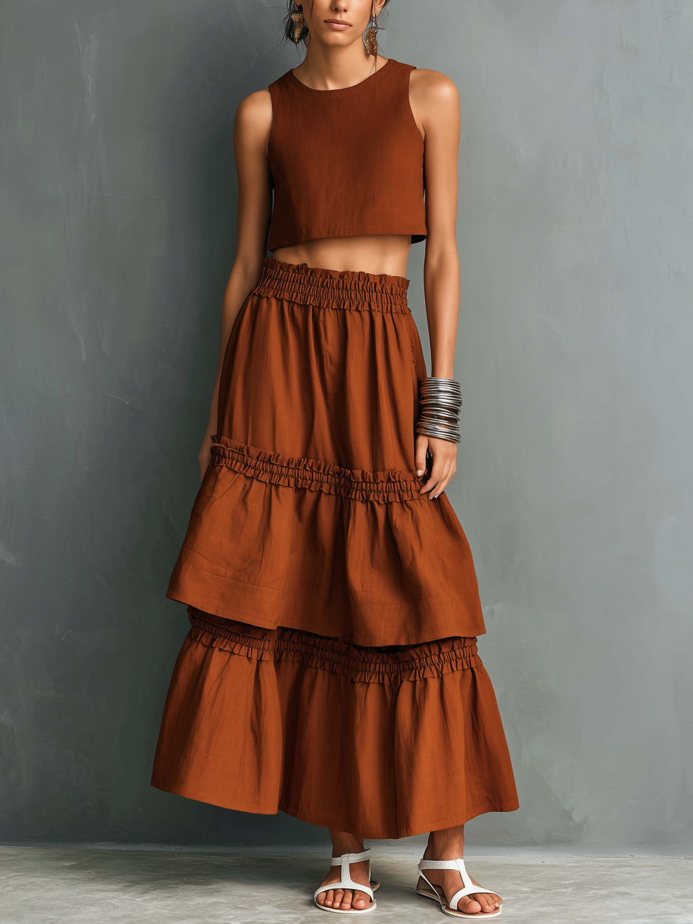 Cotton Linen Two-Piece Set Rust Brown Crop Top and Tiered Midi Skirt Boho Style Women's Outfit