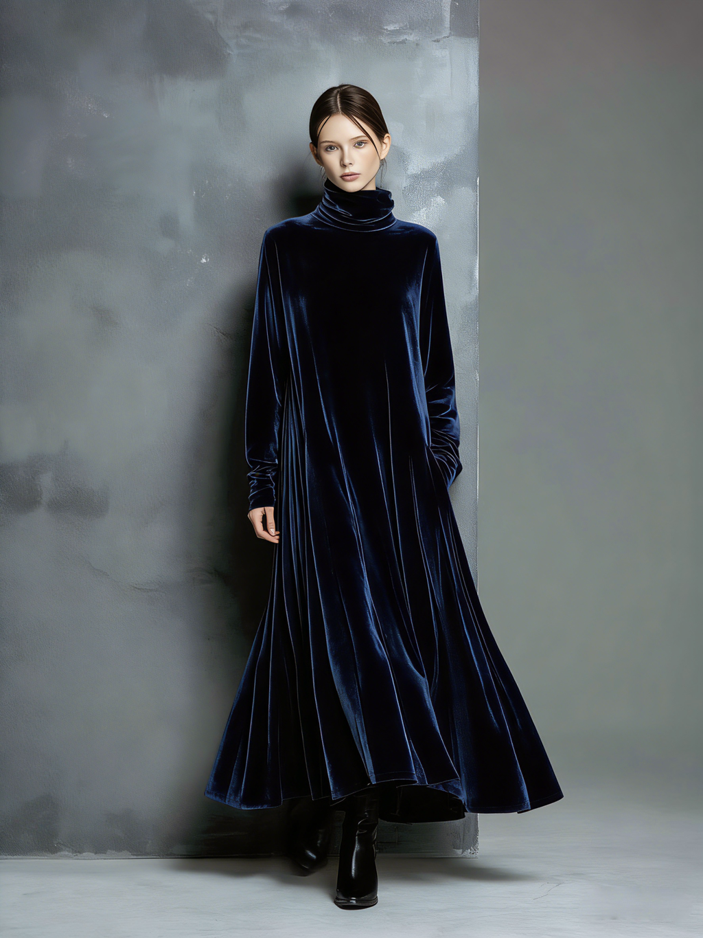 Velvet Long Turtleneck Maxi Dress for Women - Elegant High Neck Floor Length Dress with Flared Hem