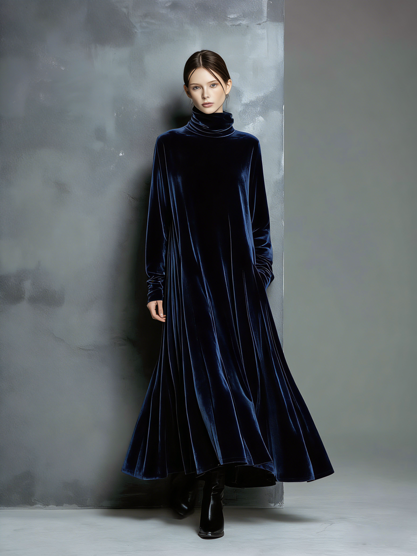 Velvet Long Turtleneck Maxi Dress for Women - Elegant High Neck Floor Length Dress with Flared Hem