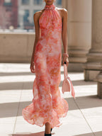 Pinkes Chiffon-Maxikleid mit Blumenmuster