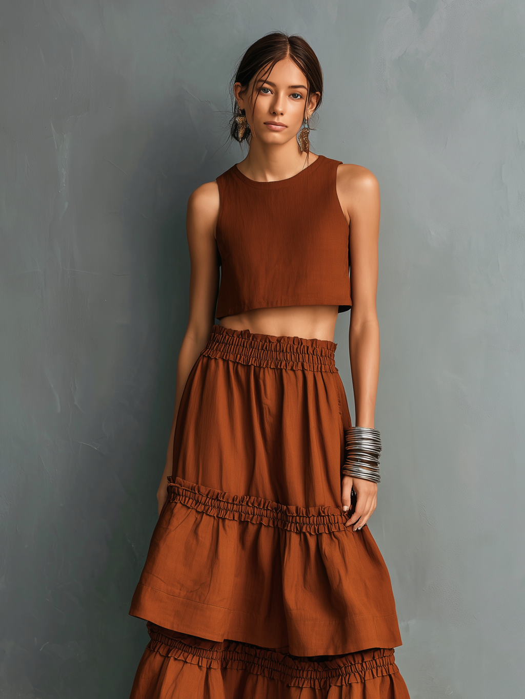Cotton Linen Two-Piece Set Rust Brown Crop Top and Tiered Midi Skirt Boho Style Women's Outfit
