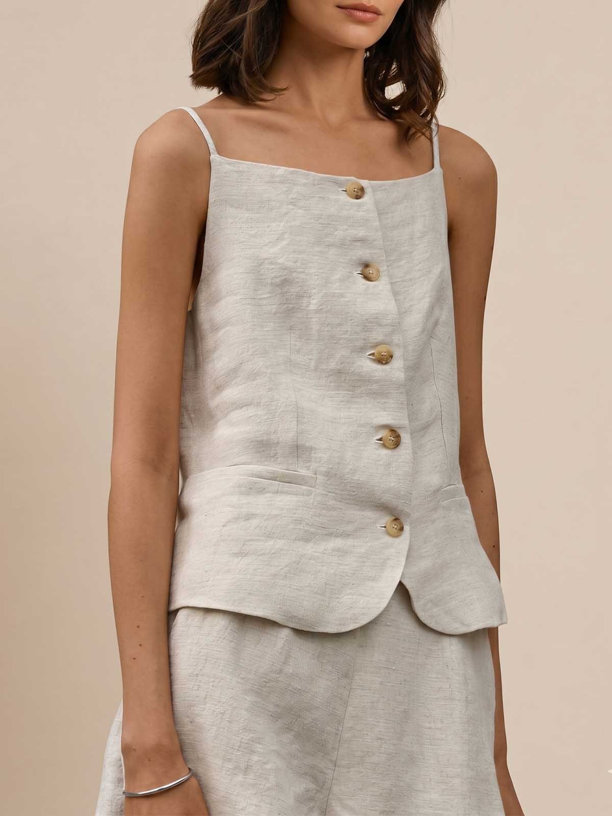 Button-Front Linen Sleeveless Vest