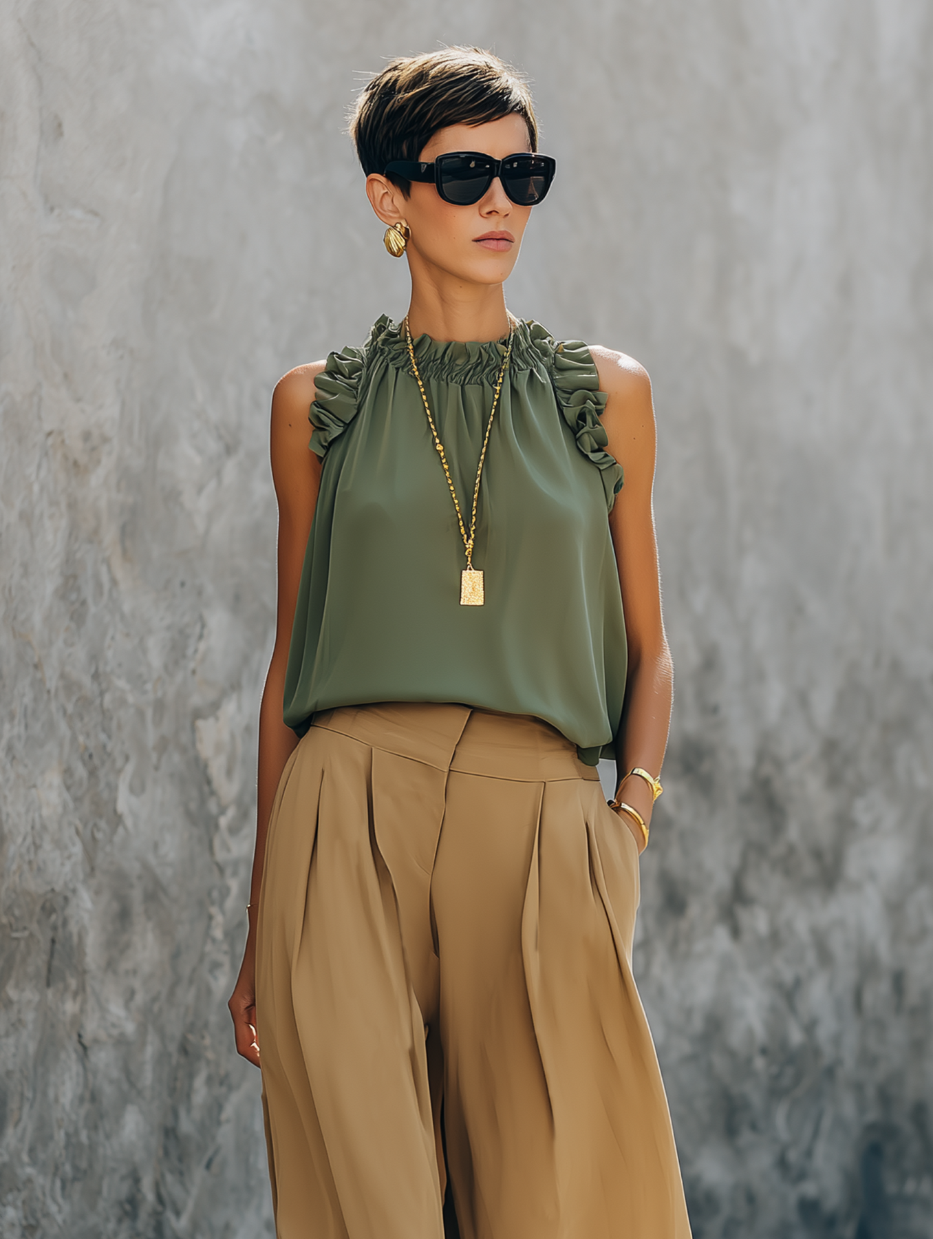 Silk Ruffle Halter Top for Women - Elegant Green Sleeveless Blouse with Gathered Neckline and Flowy Fit