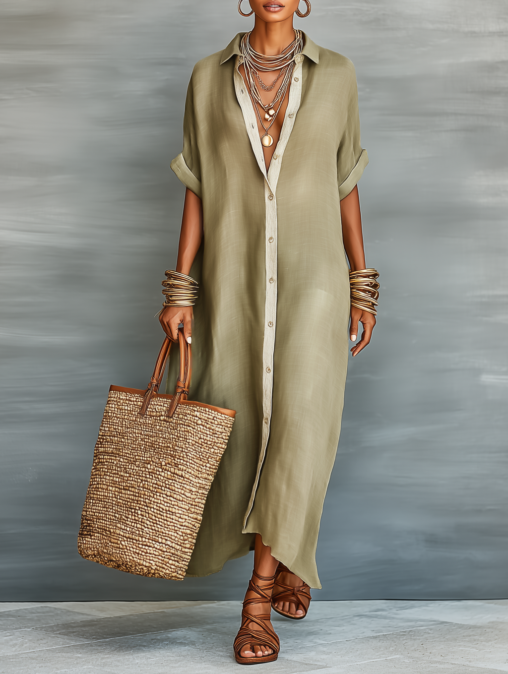 Linen Long Shirt Dress for Women - Flowy Maxi Dress with Button Front and Roll-Up Sleeves