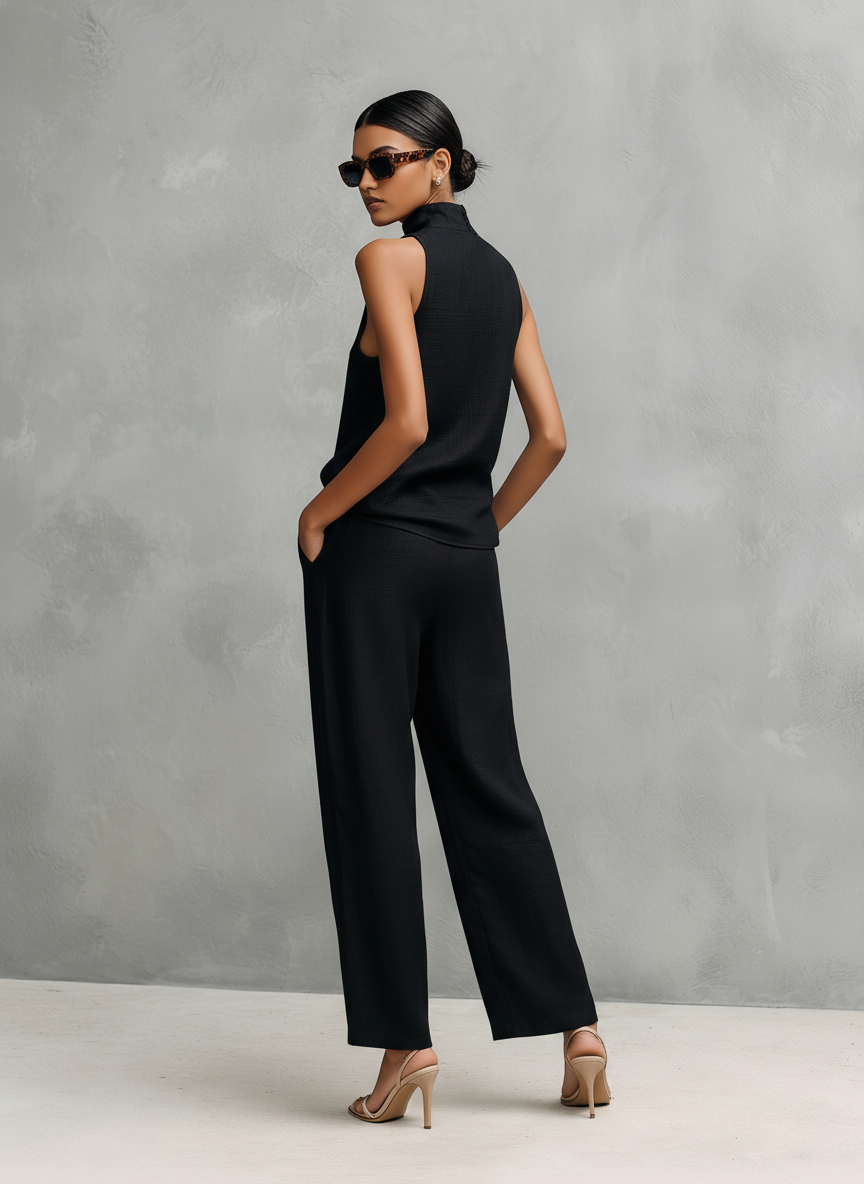 Linen Blend High Neck Sleeveless Top with Wide Leg Pants Set for Women