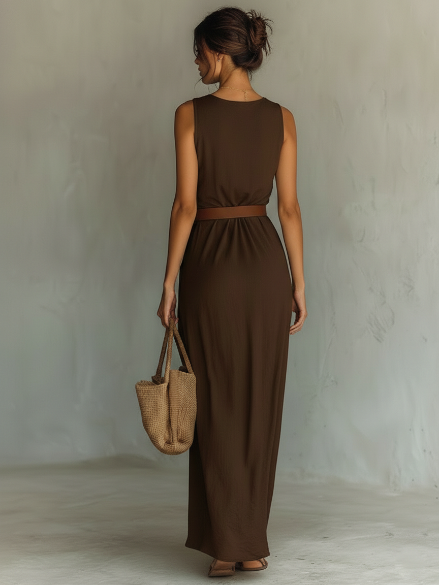 Silk-Blend Draped V-Neck Sleeveless Maxi Dress with Belted Waist