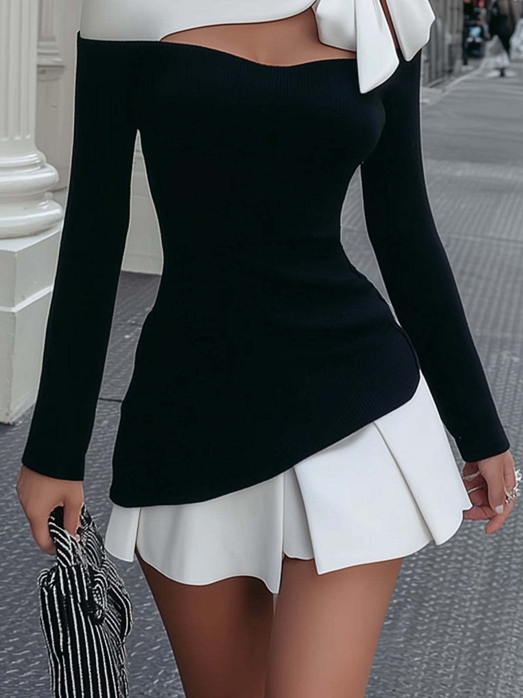 Knitted Satin Dress With Contrasting Color Tie Detail