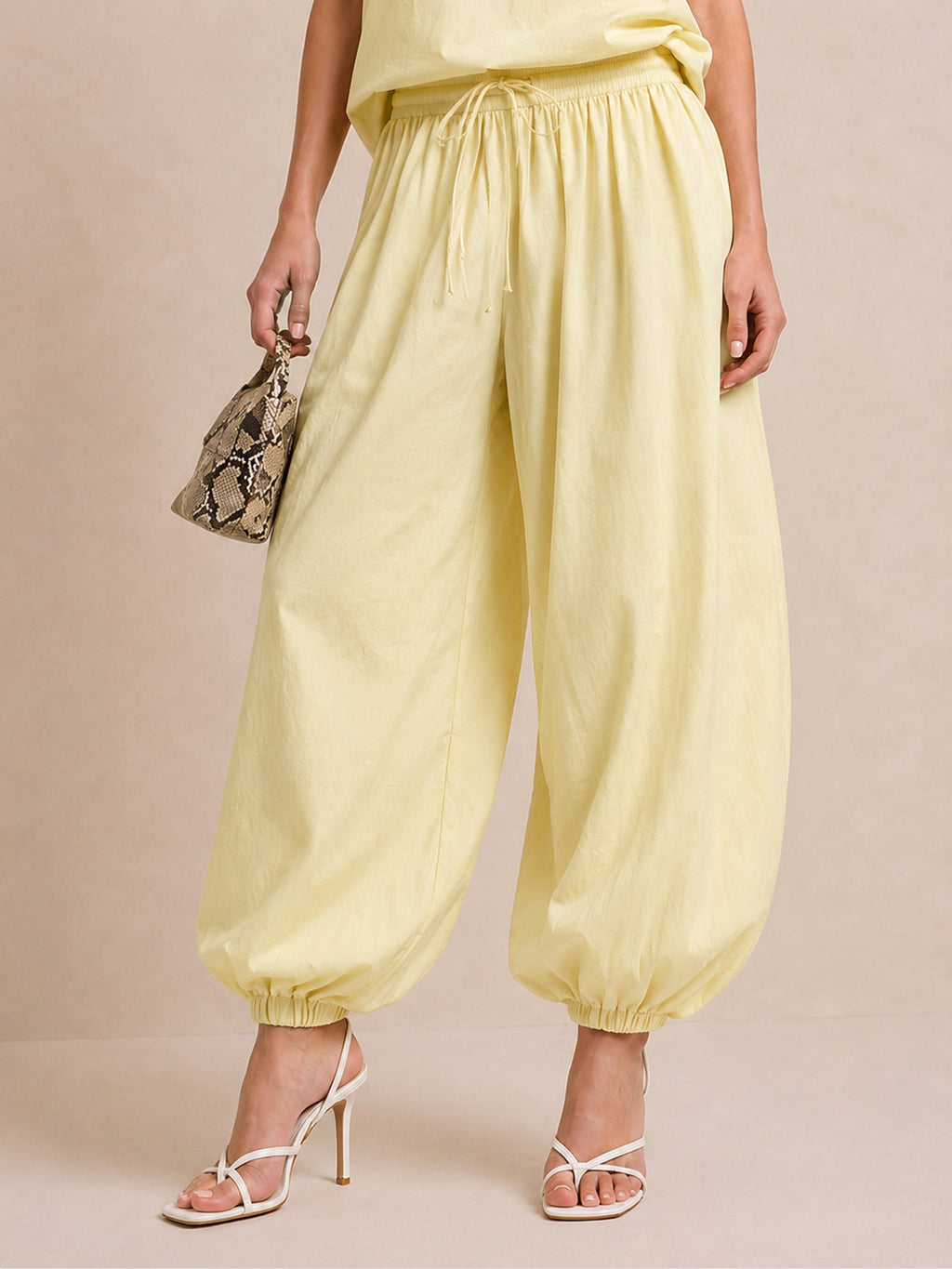 Light Yellow Linen-Blend Halter Top & Wide-Leg Pants Set