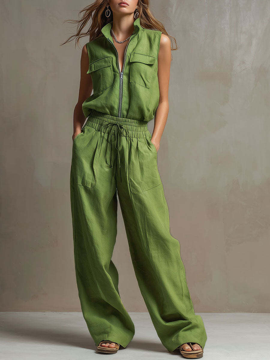 Linen Sleeveless Zip Up Top and Wide Leg Pants Set