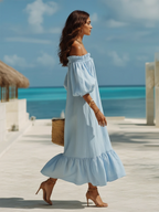 Blaues schulterfreies, kurzärmeliges, weites Maxikleid im Urlaubsstil