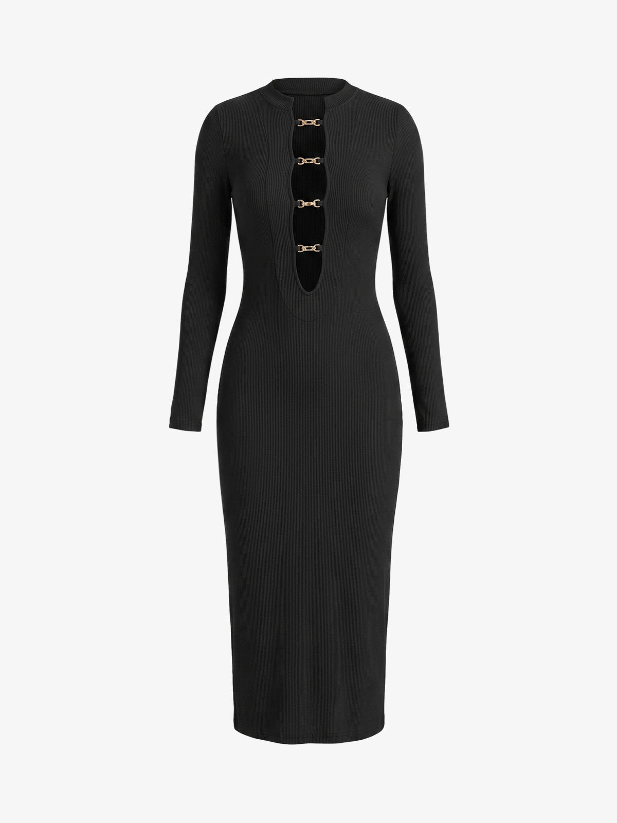 Ribbed Knit Chain Detail Midi Dress