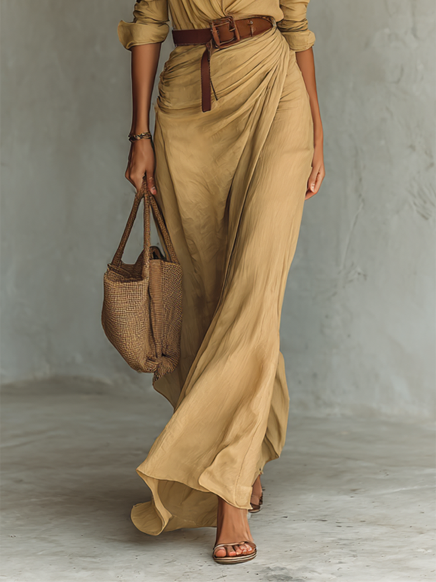 Silk Long Shirt Dress with Belted Waist and Deep V-Neck for Women