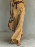 Vestido camisero largo de seda con cinturón y escote en V profundo para mujer.