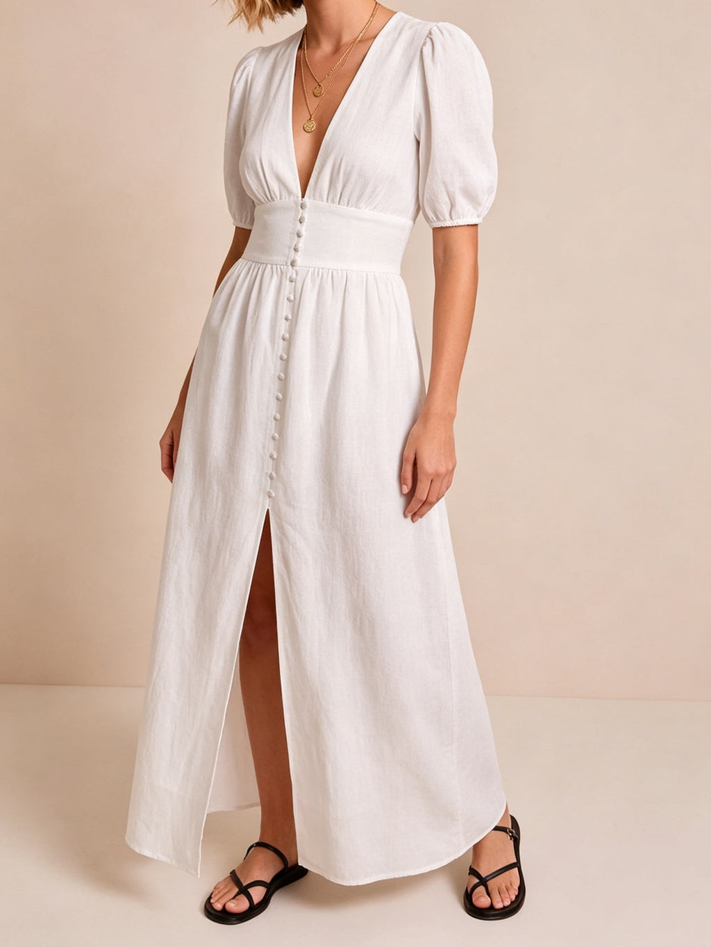 Deep V Puff Sleeve Maxi Dress