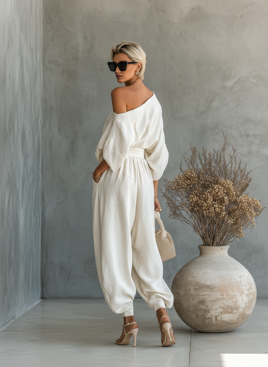 One Shoulder Loose Top and Wide Leg Pants Two Piece Set