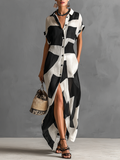 Linen Geometric Print Button-Down Maxi Dress with Side Slit for Women