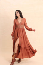 Lace V-Neck Slit Flowy Maxi Dress