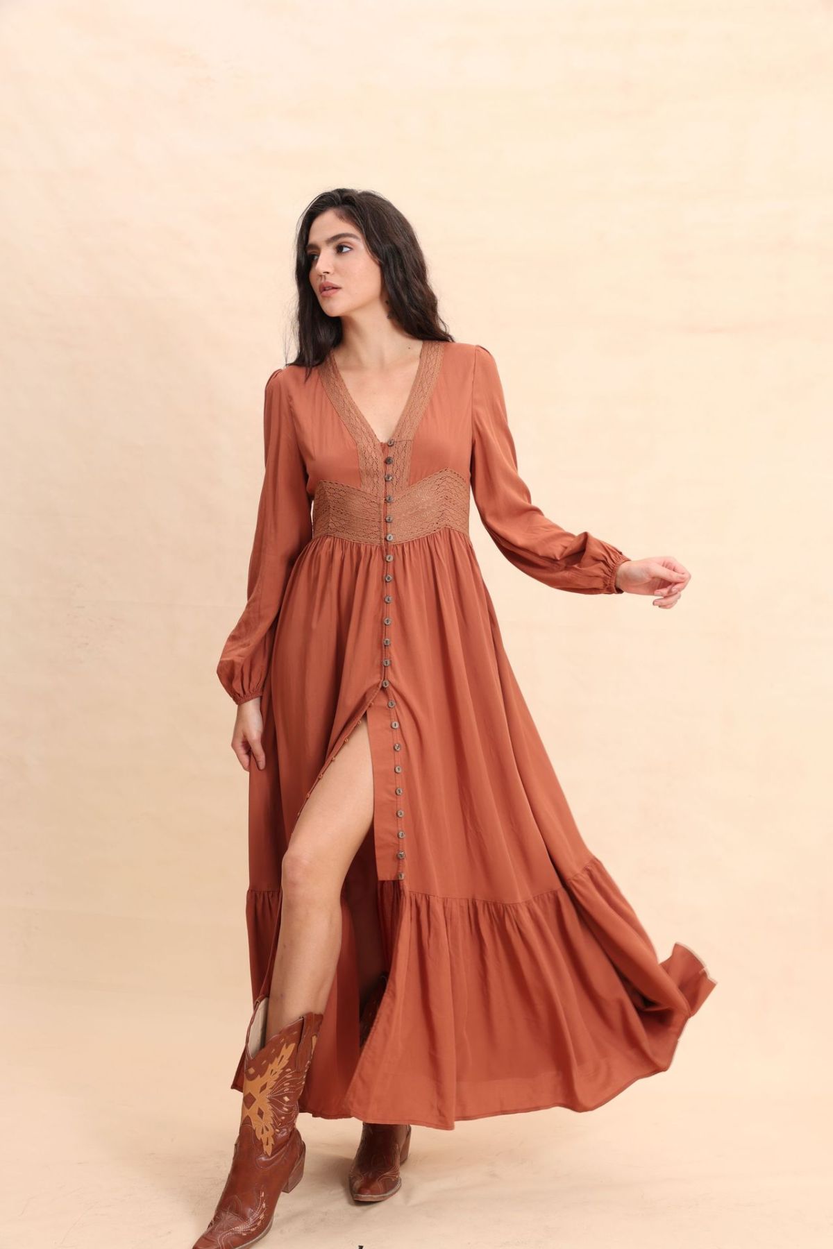 Lace V-Neck Slit Flowy Maxi Dress