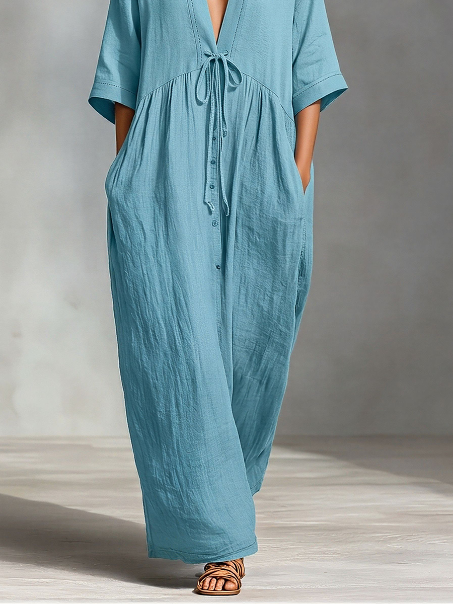 Linen Maxi Dress for Women with Deep V-Neck and Tie Waist, Loose Flowy Long Summer Dress with Pockets