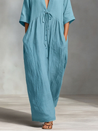 Robe longue en lin pour femme avec décolleté en V profond et taille à nouer, robe d'été longue et fluide avec poches