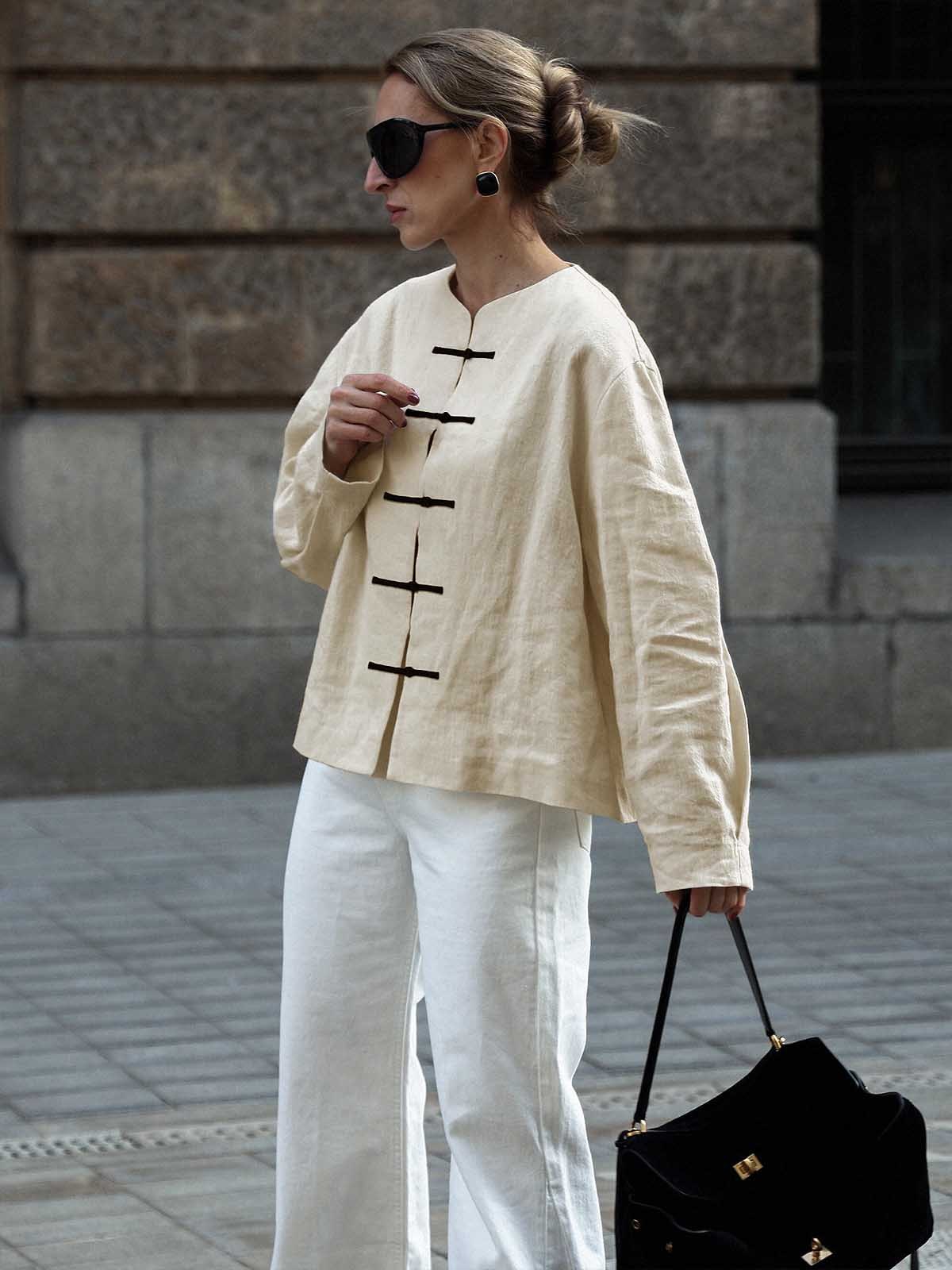 Linen Mandarin Collar Knot Button Jacket