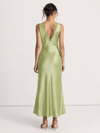 Scalloped V-Neck Satin Maxi Dress