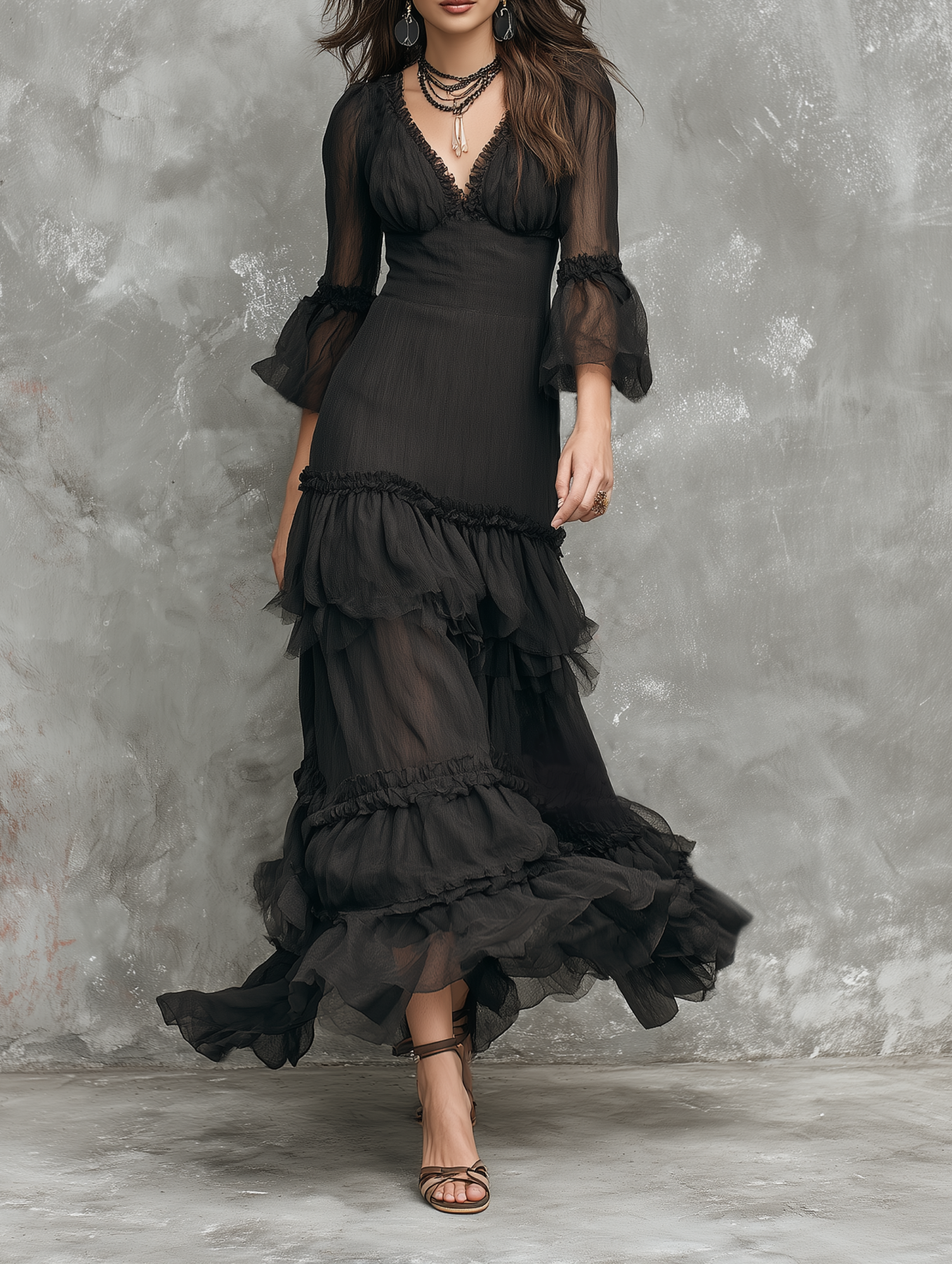 Chiffon Layered Maxi Dress with Ruffles and Sheer Sleeves - Elegant Black V-Neck Long Dress for Women