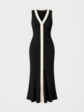 Ribbed Contrast Trim Button Midi Dress