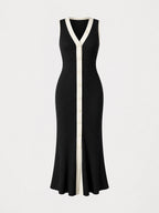 Ribbed Contrast Trim Button Midi Dress