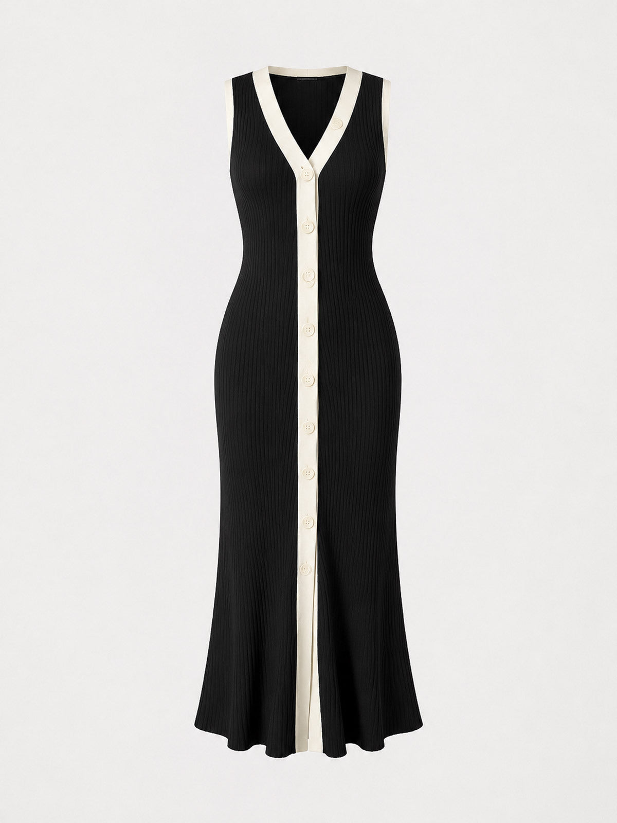Ribbed Contrast Trim Button Midi Dress