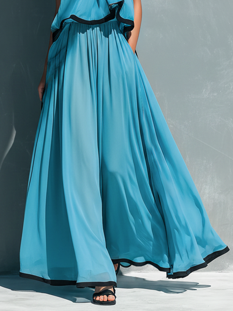Chiffon Halter Maxi Dress with Black Trim - Flowy Long Beach Party Gown for Women