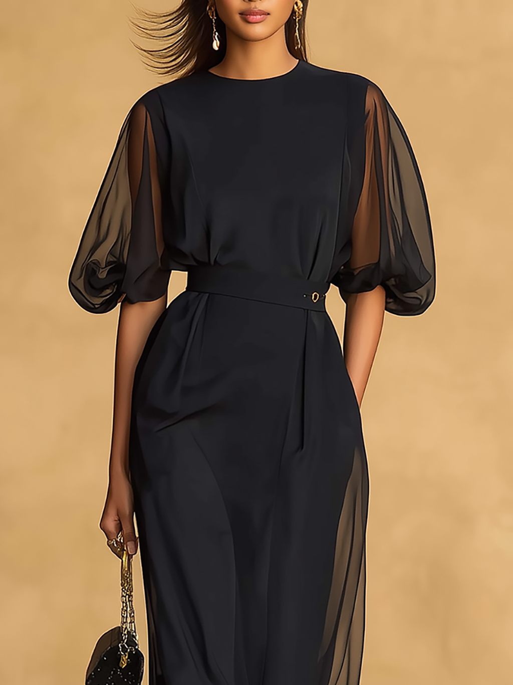 Elegant Two Piece Sheer Sleeve Top And Skirt Set
