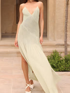 Pleated V Neck Maxi Dress