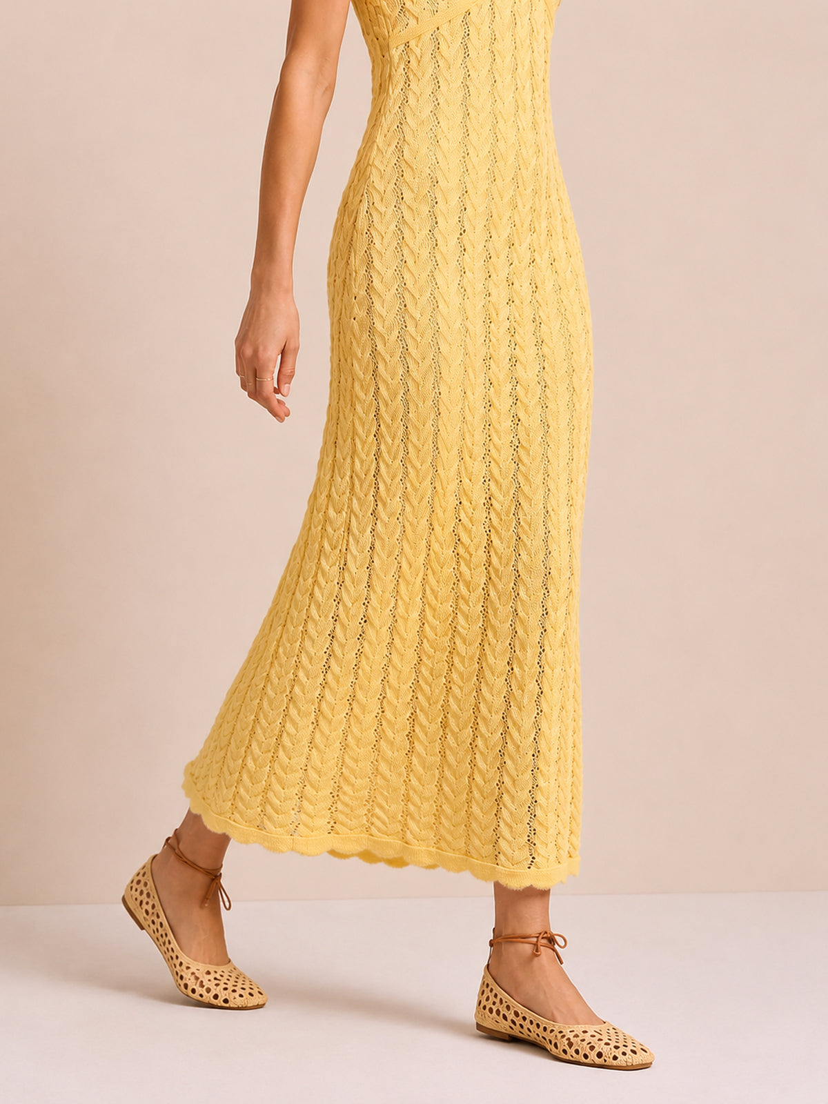 Yellow Cotton-Linen Knit Midi Dress – V-Neck with Ruffle Sleeves